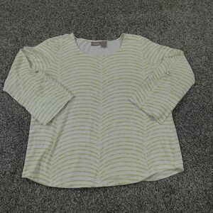 Chicos Shirt Womens Large 2 Green White Stripe 3/4 Sleeve Stretch Roll Tab Top